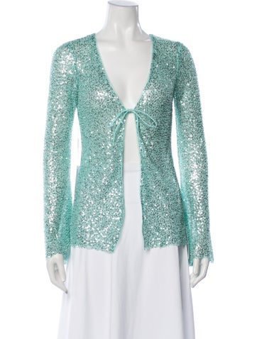 Pre-owned Self-portrait 2023 Blue Beaded Fishnet Cardigan Evening Jacket In Green