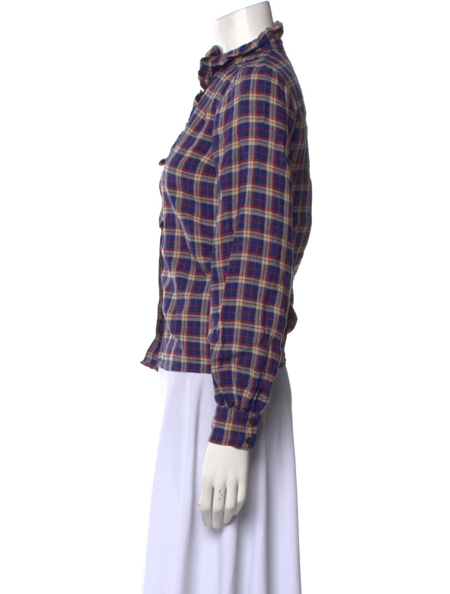 Sézane Linen Plaid Print Button-Up Top