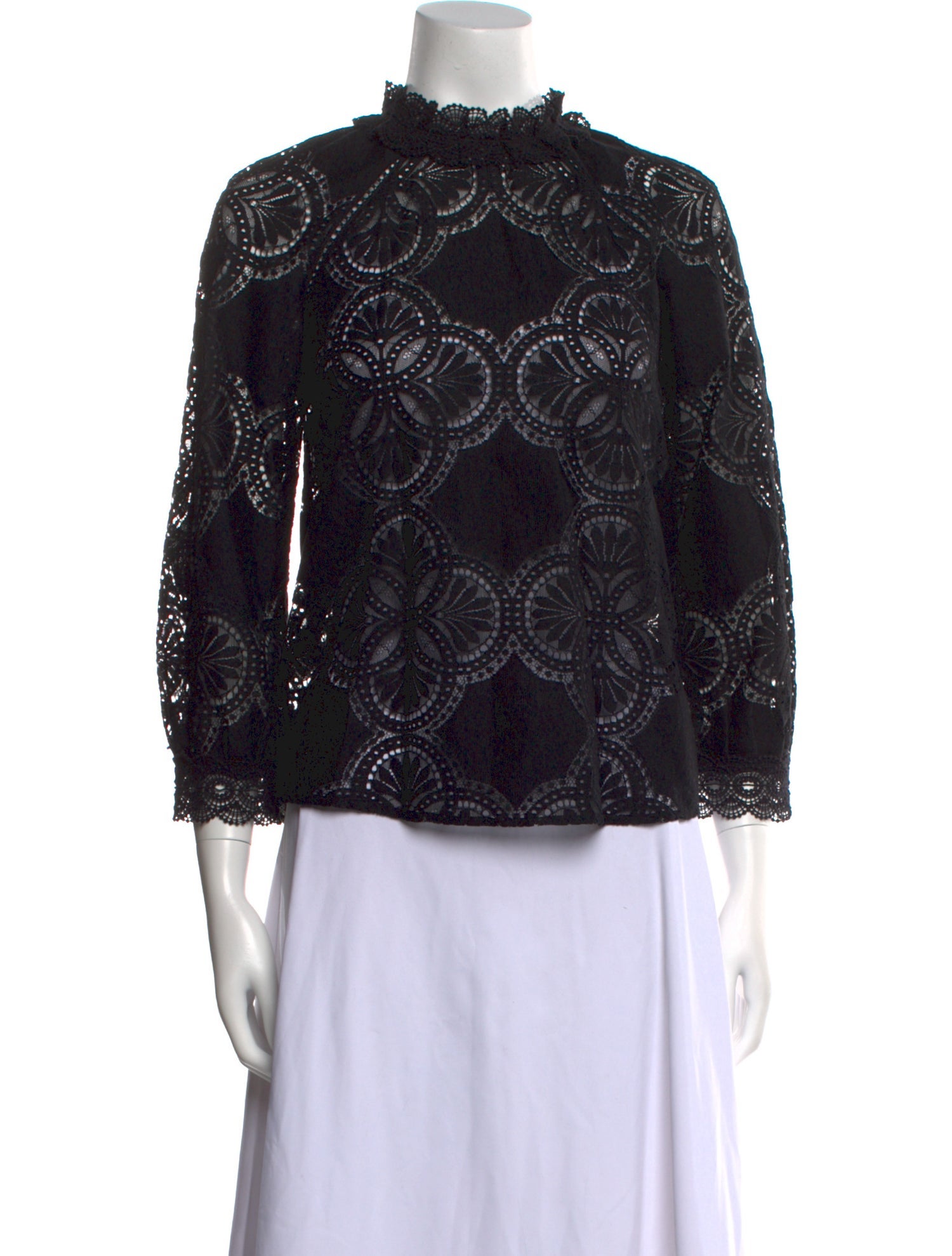 Sézane Lace Pattern Mock Neck Blouse