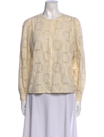 Sézane Patterned Crew Neck Button-Up Top