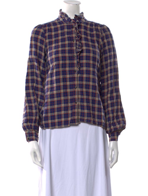 Sézane Linen Plaid Print Button-Up Top