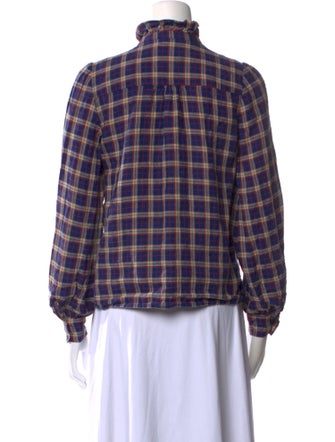 Sézane Linen Plaid Print Button-Up Top