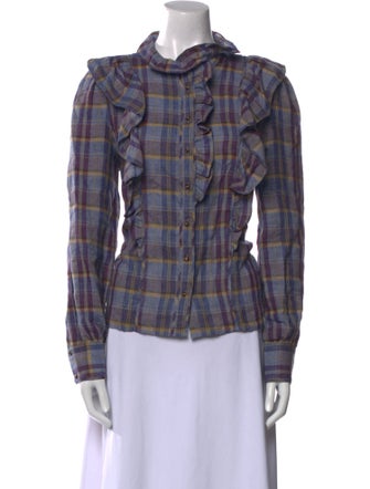 Sézane Linen Plaid Print Button-Up Top