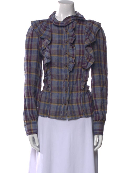 Sézane Linen Plaid Print Button-Up Top