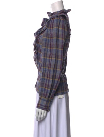 Sézane Linen Plaid Print Button-Up Top