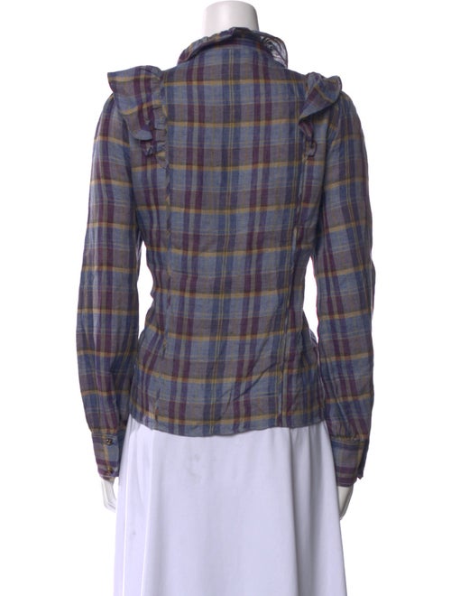 Sézane Linen Plaid Print Button-Up Top