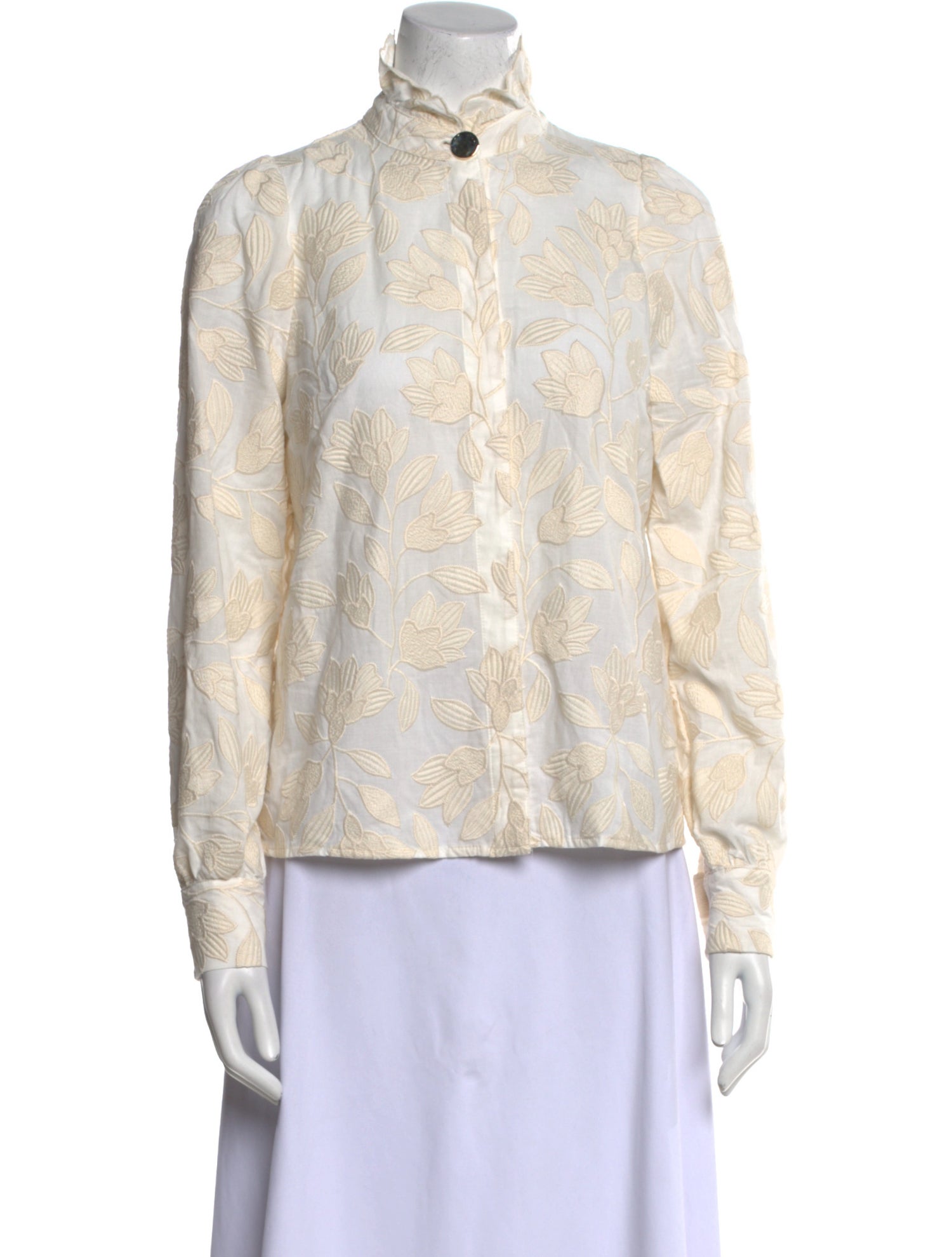 Sézane Lace Pattern Mock Neck Button-Up Top