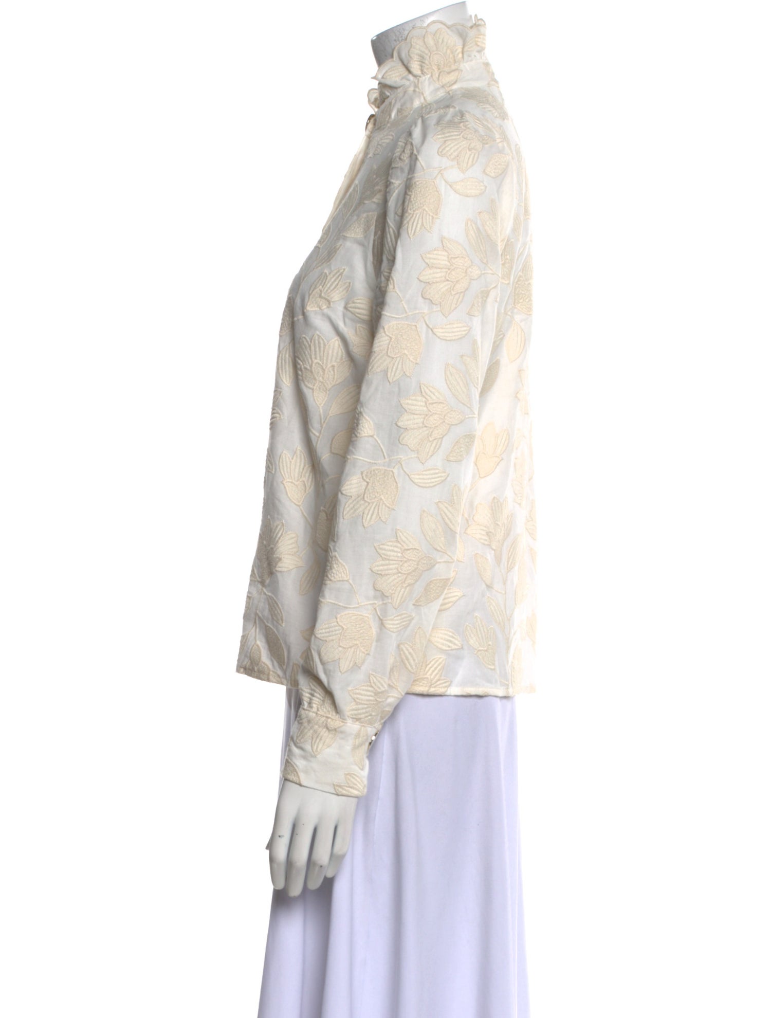 Sézane Lace Pattern Mock Neck Button-Up Top