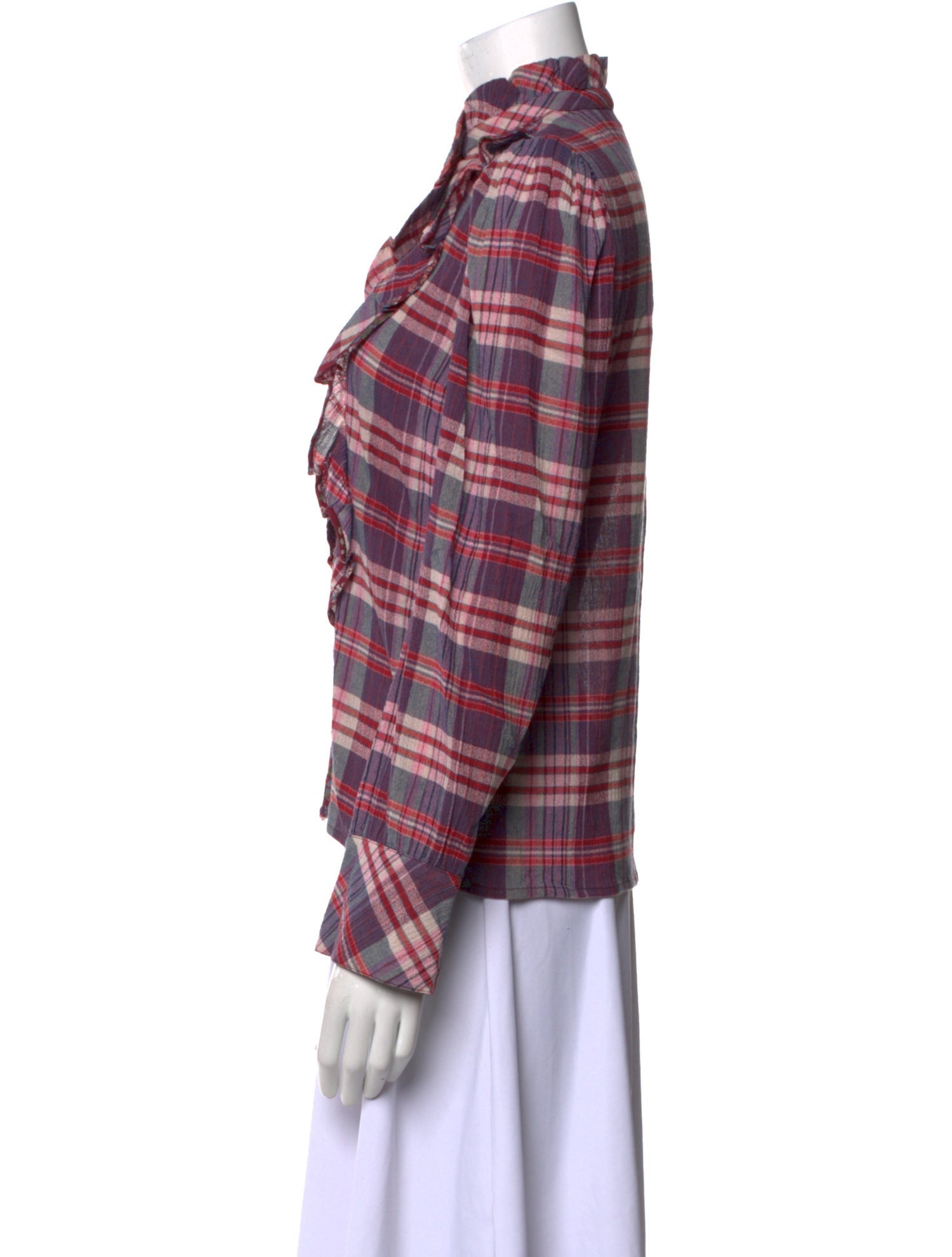 Sézane Plaid Print Mock Neck Button-Up Top