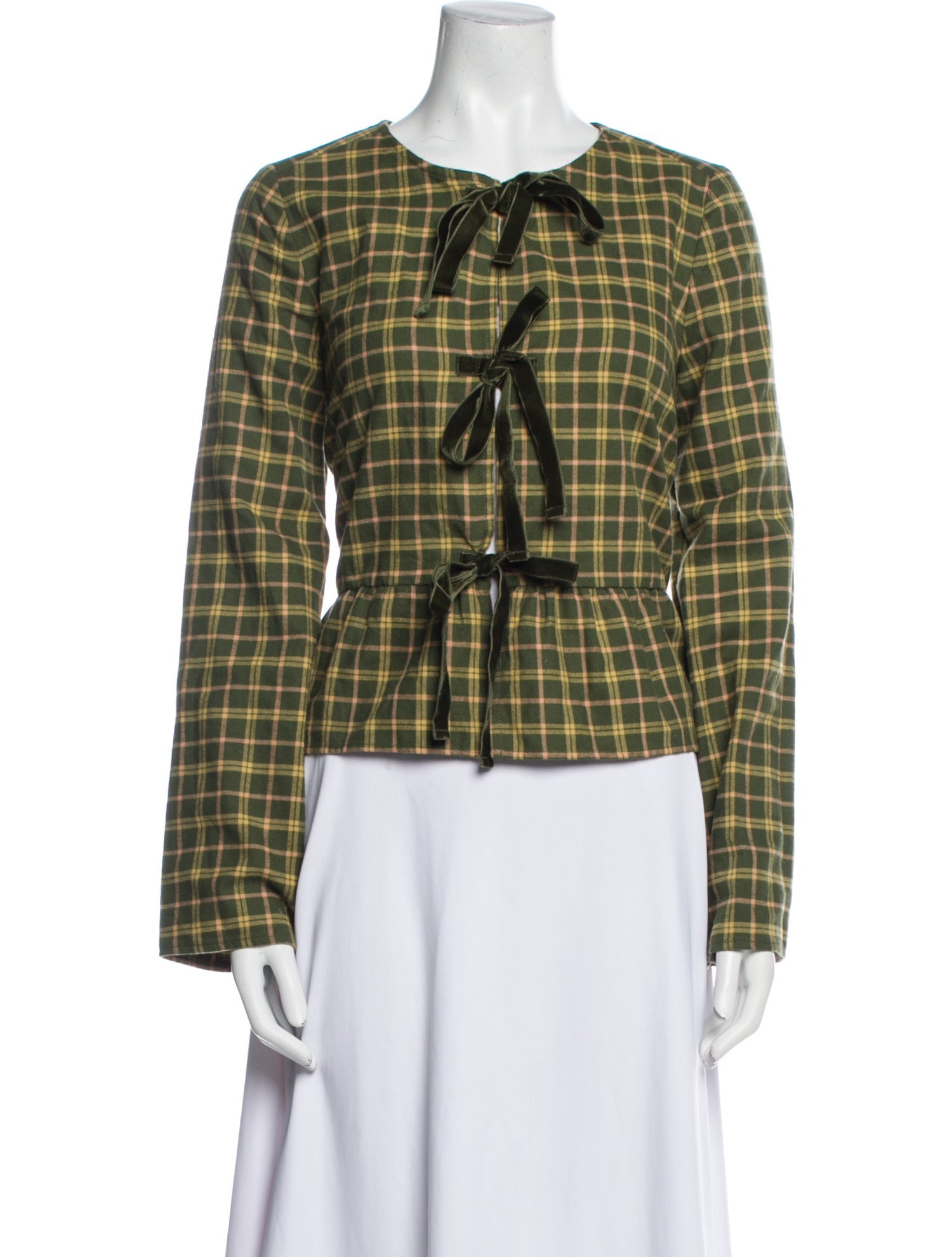 Sézane Plaid Print Crew Neck Button-Up Top