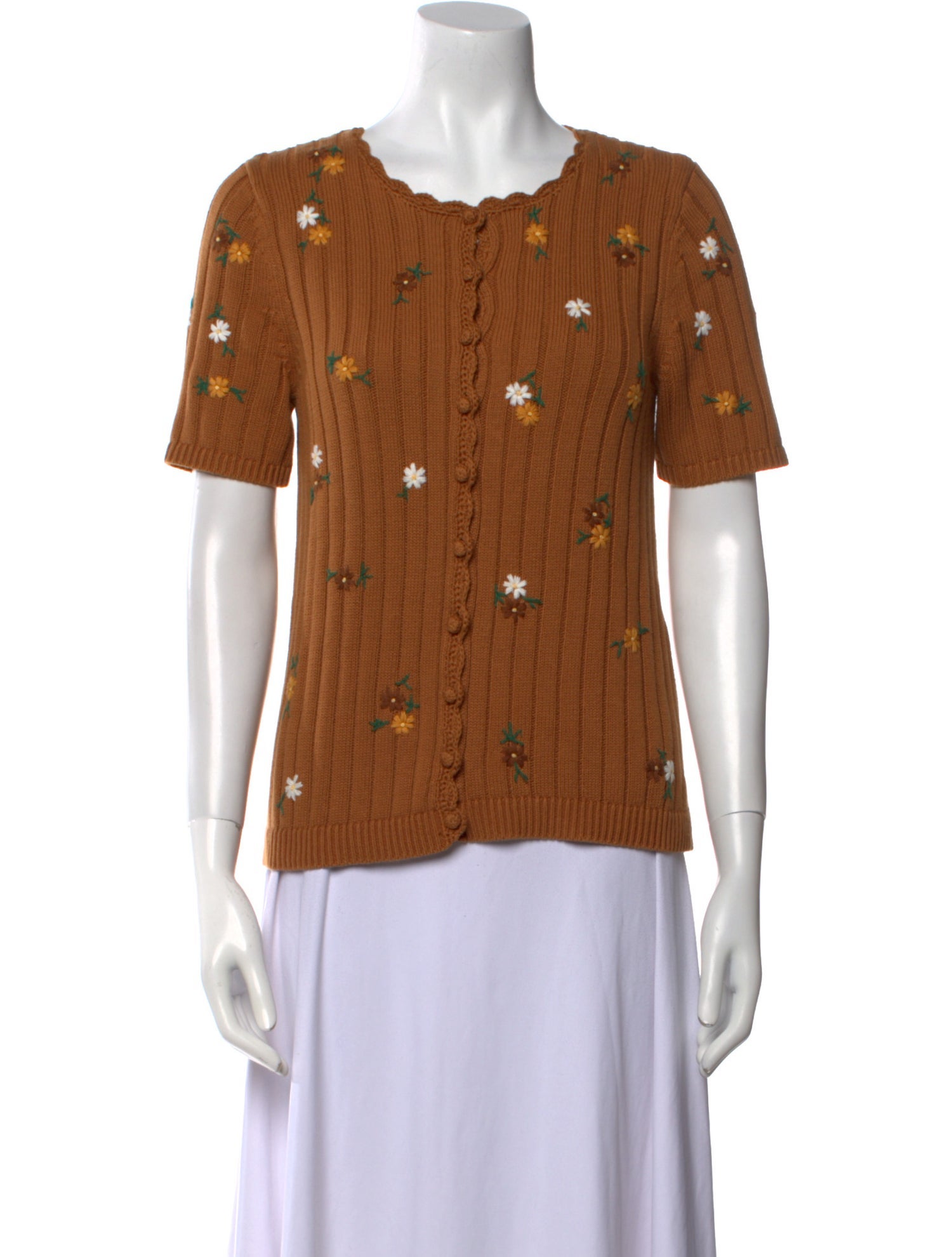 Sézane Floral Print Crew Neck Button-Up Top