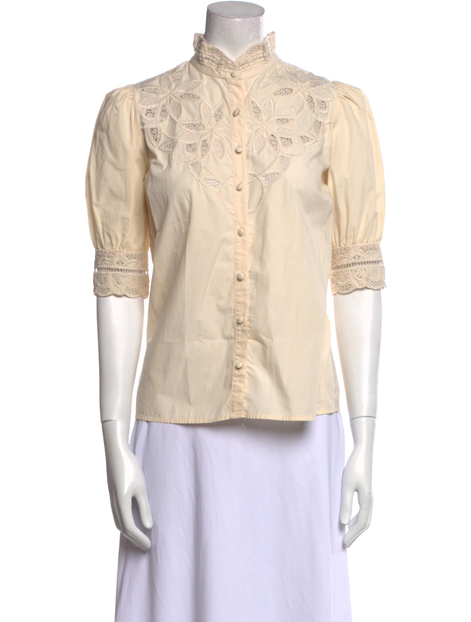 Sézane Mock Neck Three-Quarter Sleeve Button-Up Top