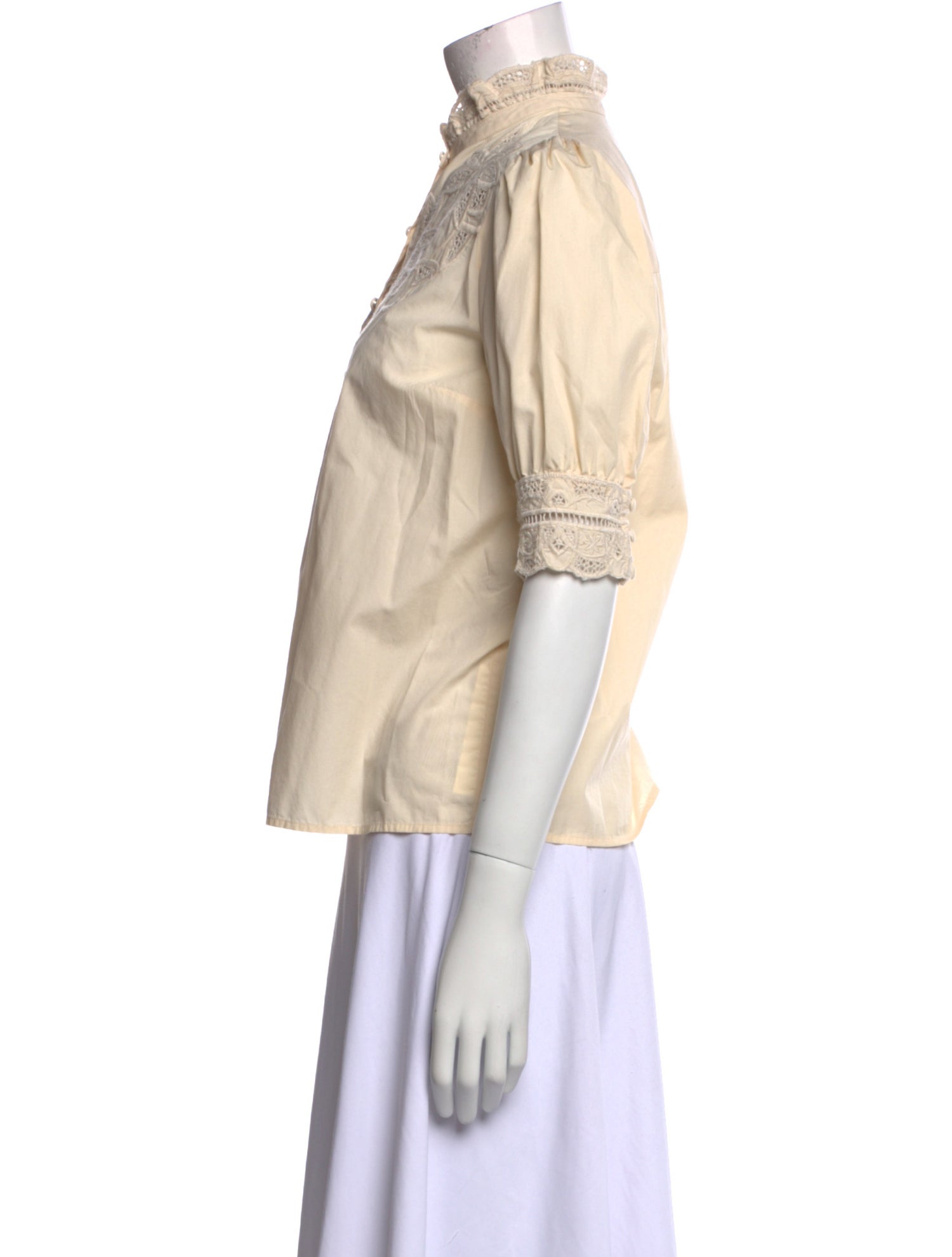 Sézane Mock Neck Three-Quarter Sleeve Button-Up Top