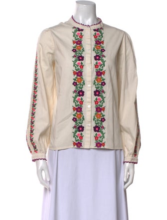 Sézane Embroidered Mock Neck Button-Up Top