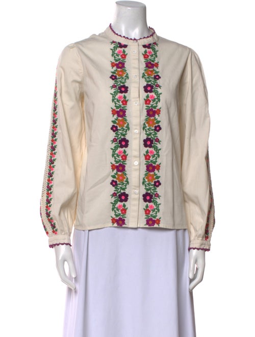 Sézane Embroidered Mock Neck Button-Up Top