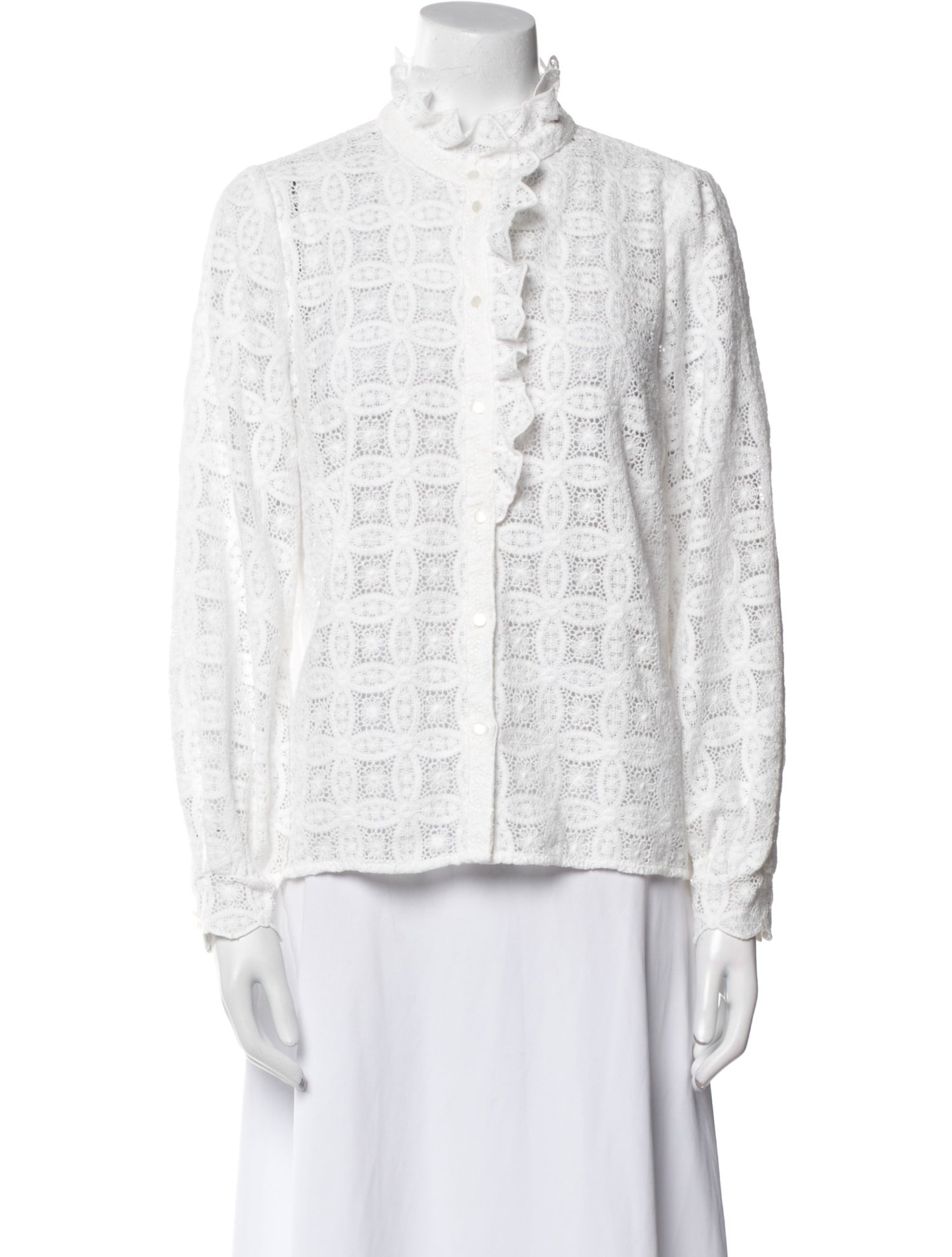 Sézane Lace Pattern Mock Neck Button-Up Top