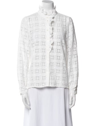 Sézane Lace Pattern Mock Neck Button-Up Top