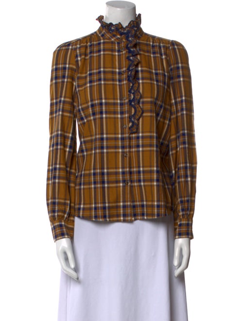 Sézane Plaid Print Mock Neck Button-Up Top