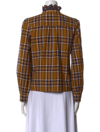 Sézane Plaid Print Mock Neck Button-Up Top