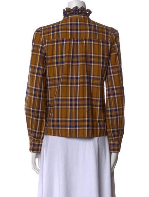 Sézane Plaid Print Mock Neck Button-Up Top