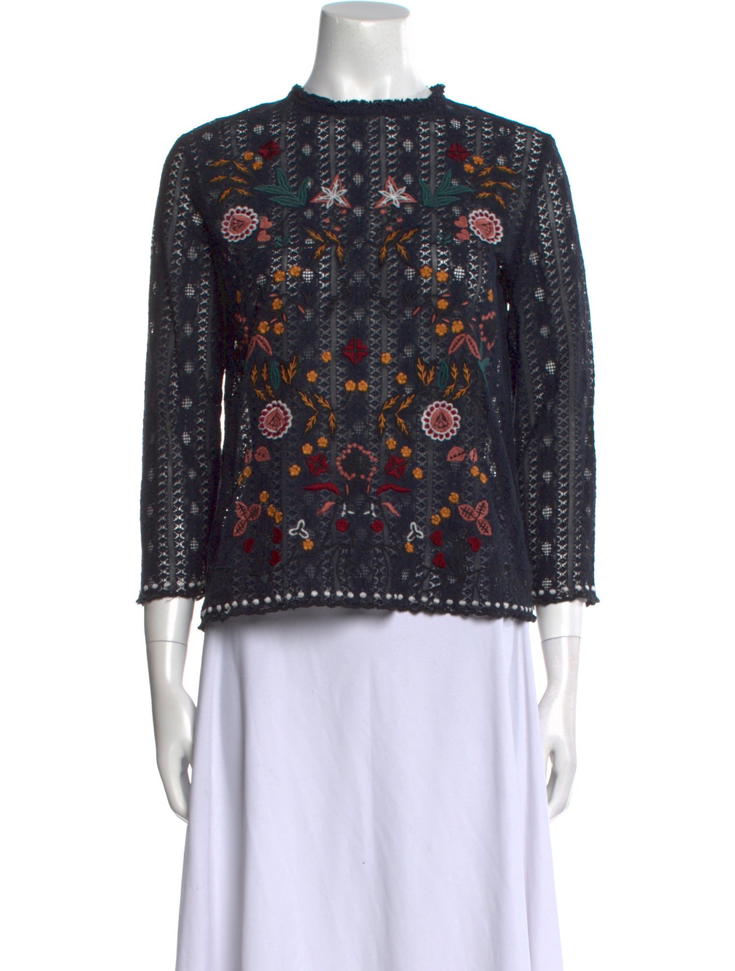 Sézane Lace Pattern Mock Neck Blouse