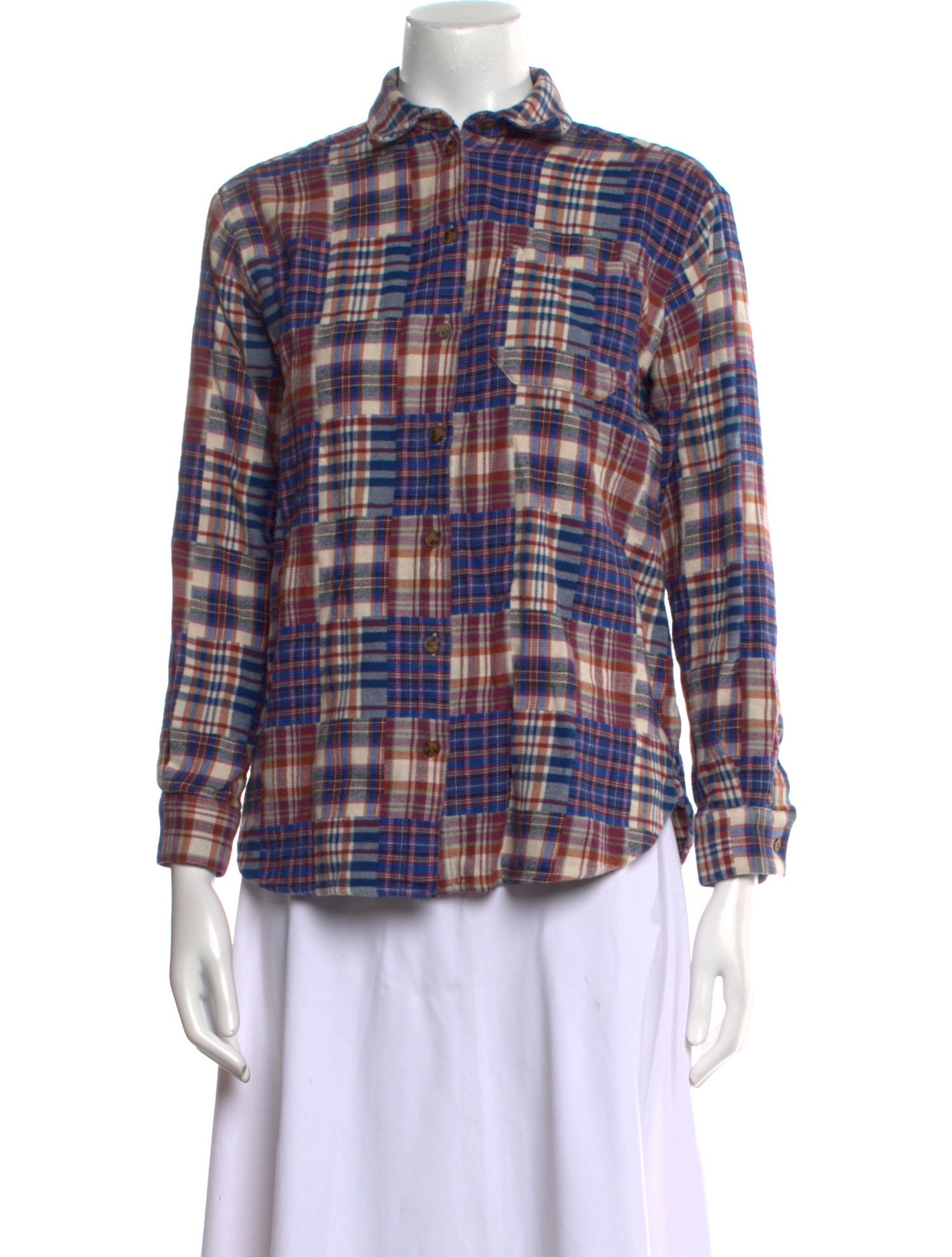 Sézane Plaid Print Three-Quarter Sleeve Button-Up Top