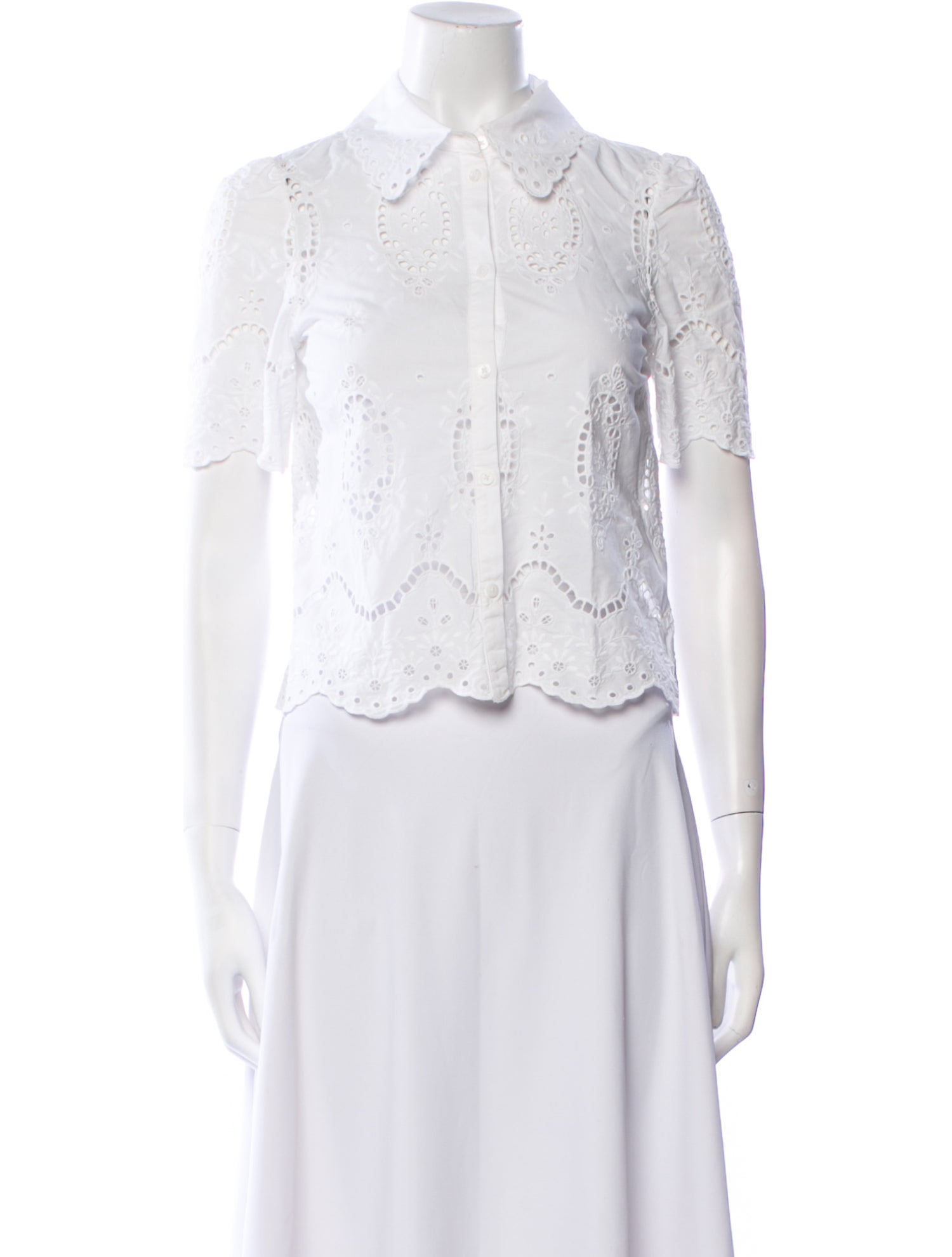 Sézane Lace Pattern Short Sleeve Button-Up Top