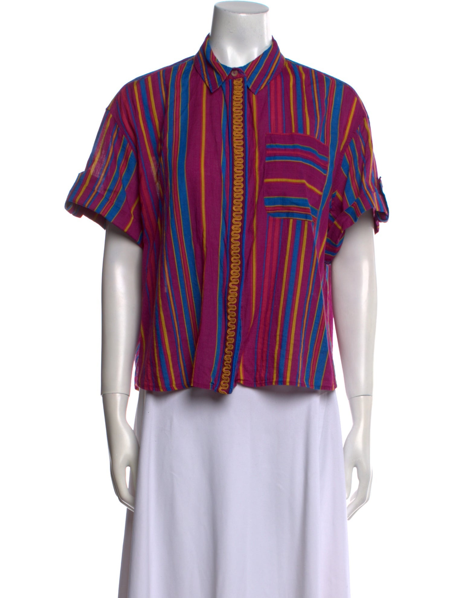 Sézane Striped Short Sleeve Button-Up Top