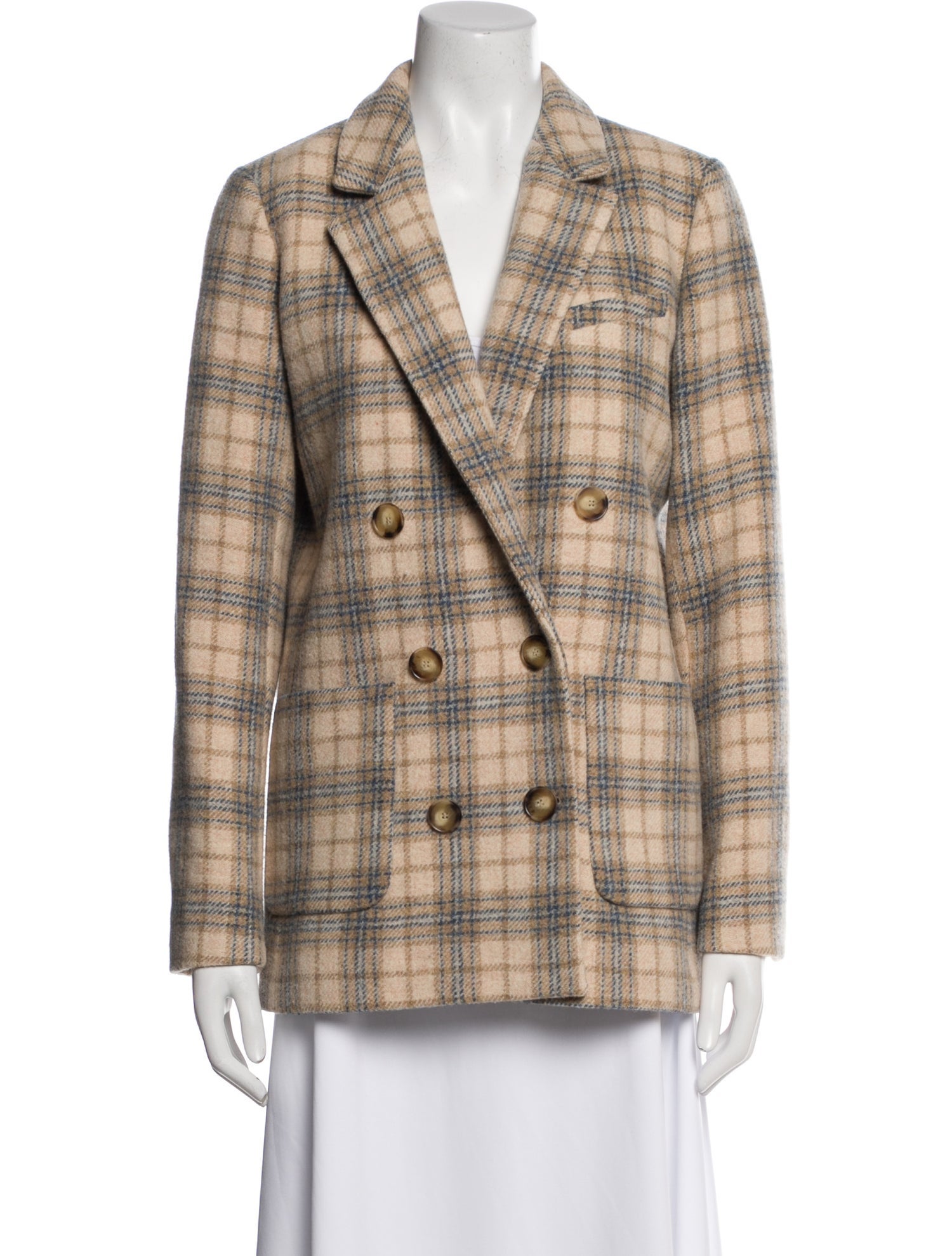 Sézane Virgin Wool Plaid Print Peacoat