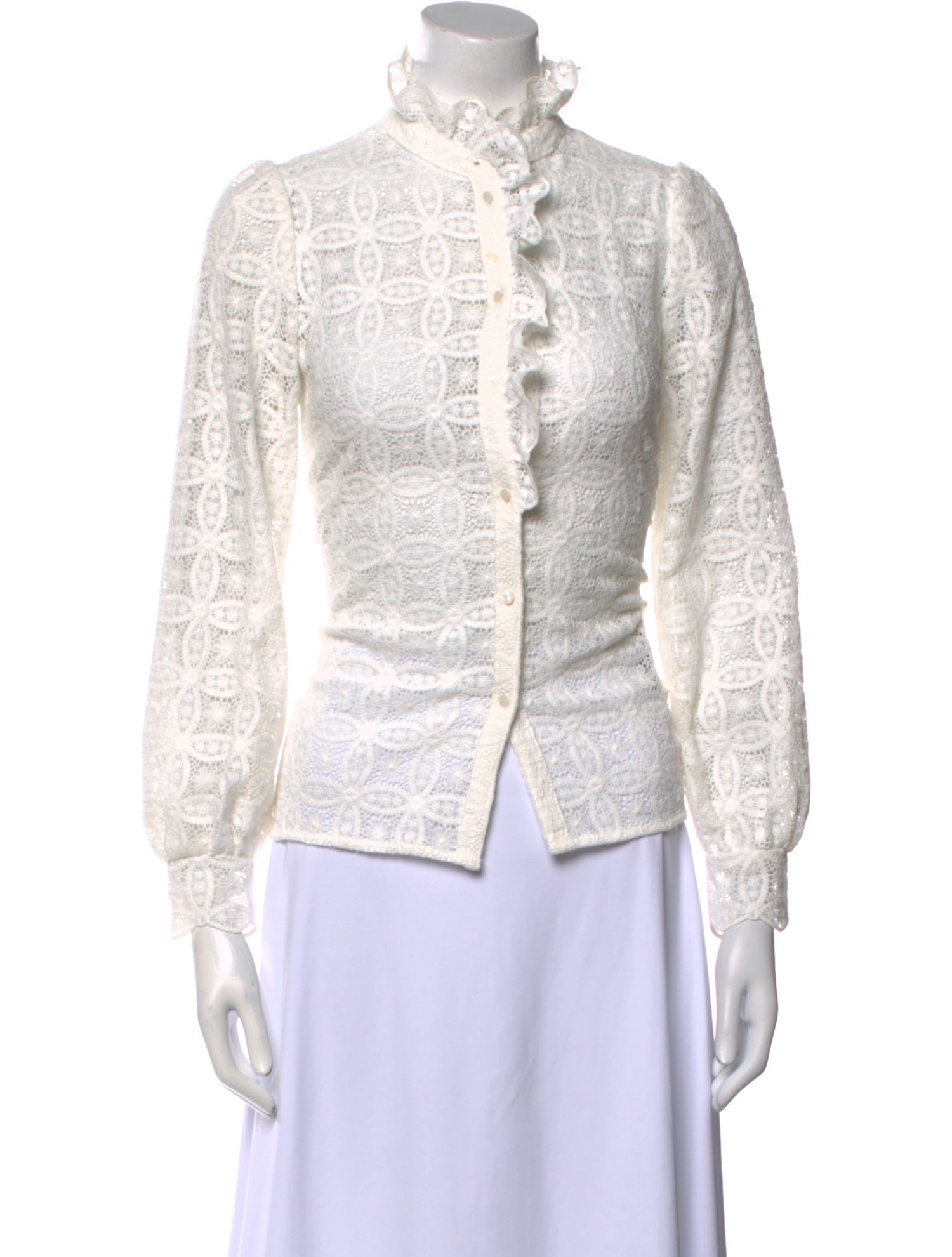 Sézane Lace Pattern Mock Neck Button-Up Top