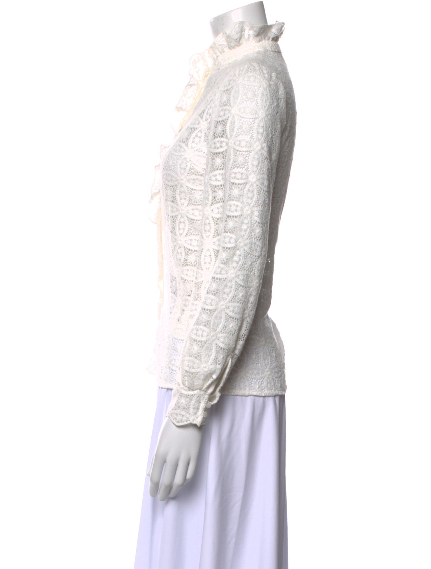 Sézane Lace Pattern Mock Neck Button-Up Top