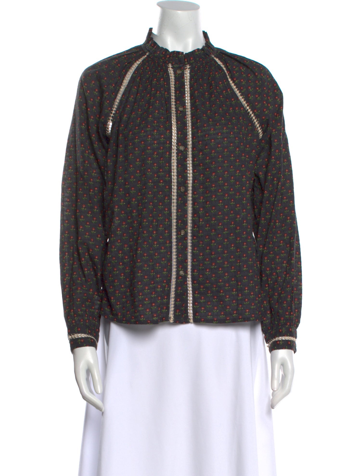 Sézane Printed Mock Neck Button-Up Top