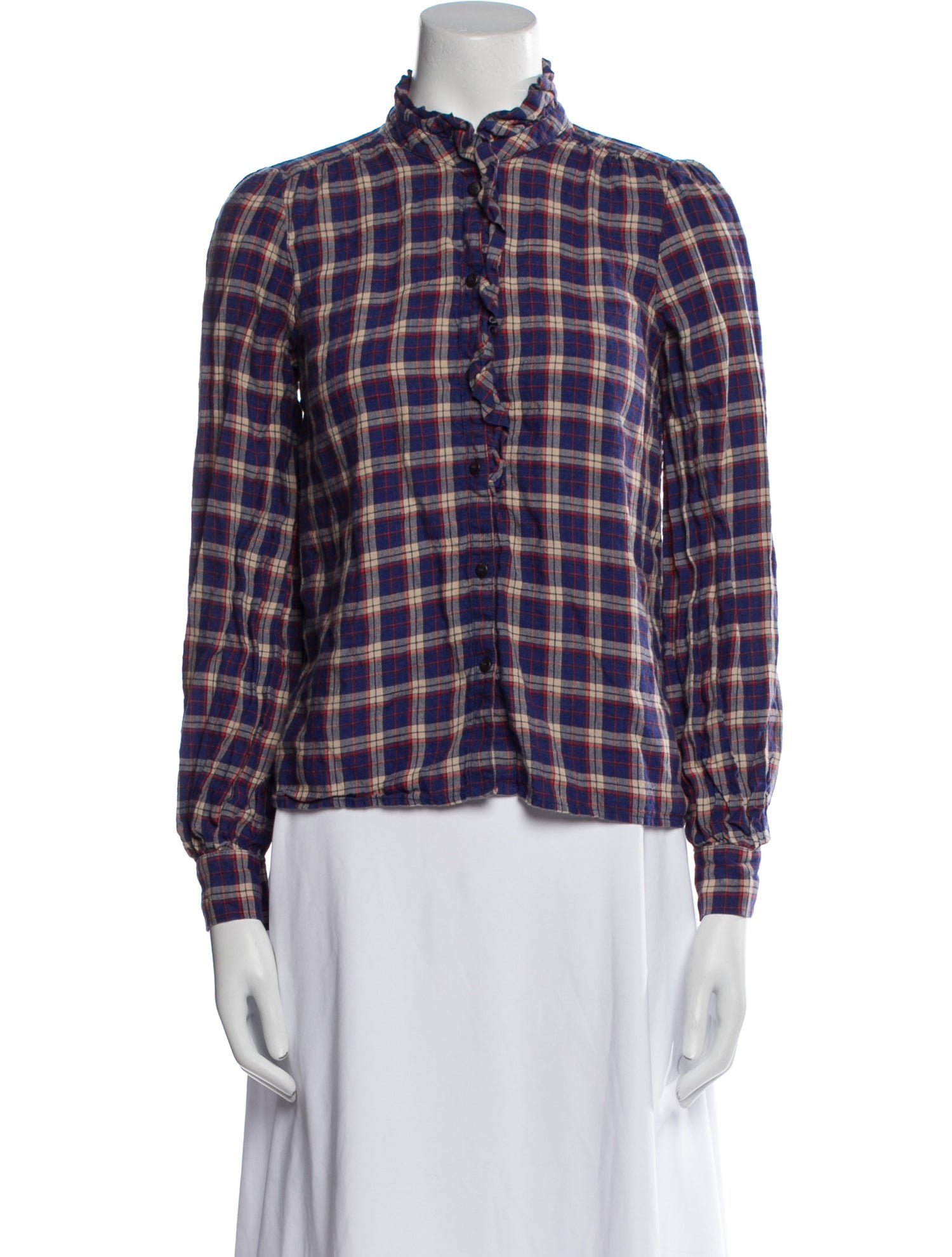 Sézane Linen Plaid Print Button-Up Top