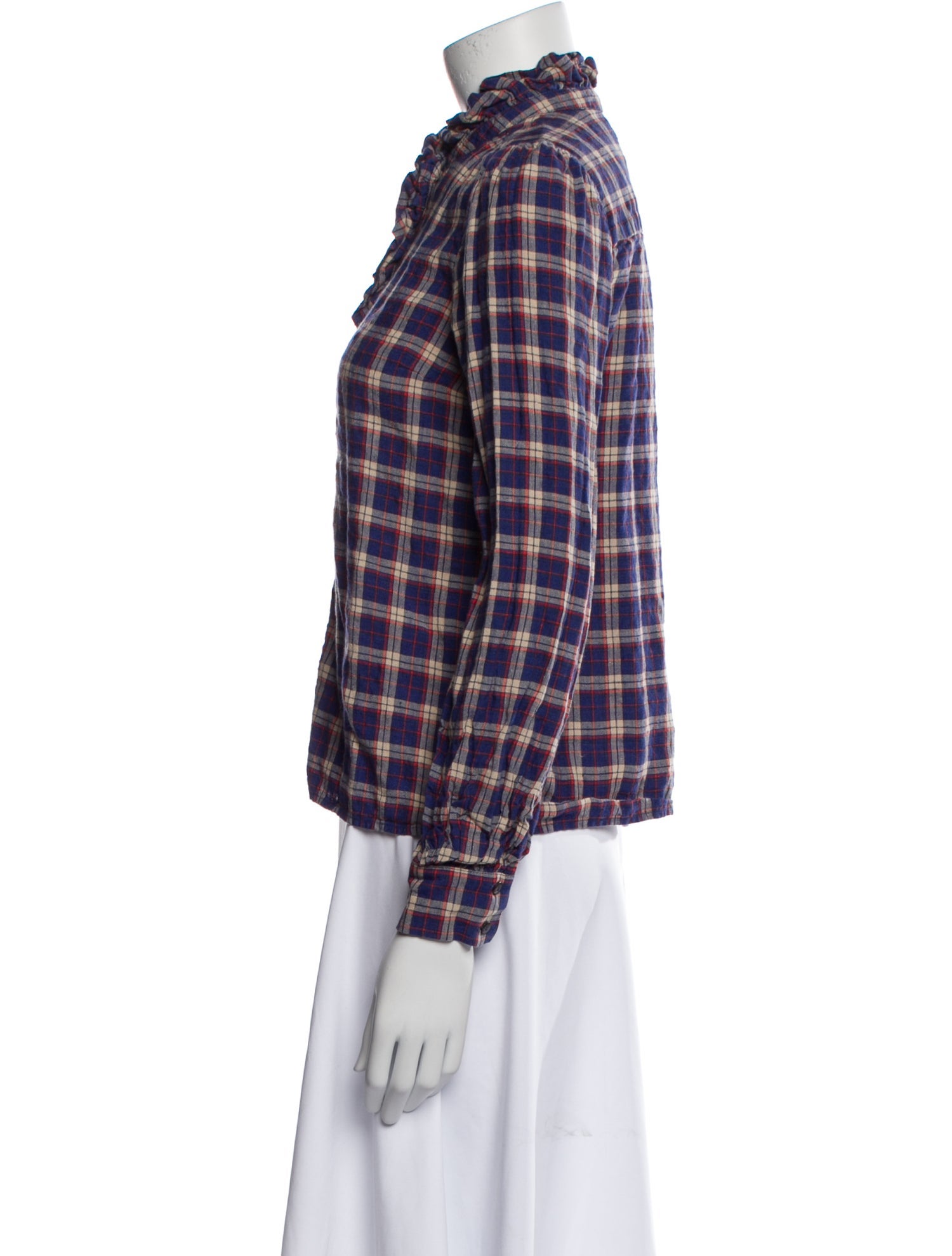 Sézane Linen Plaid Print Button-Up Top