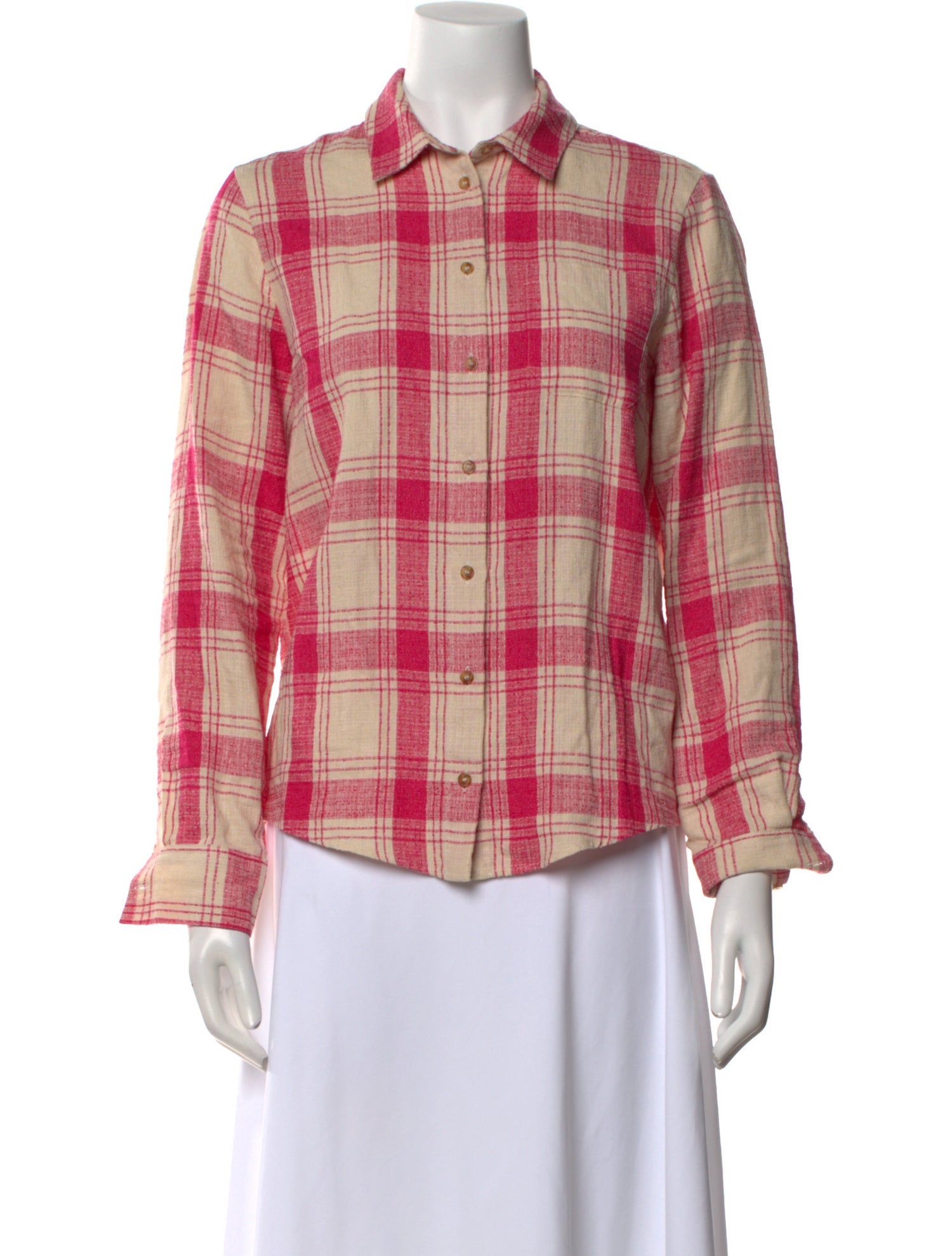 Sézane Linen Plaid Print Button-Up Top