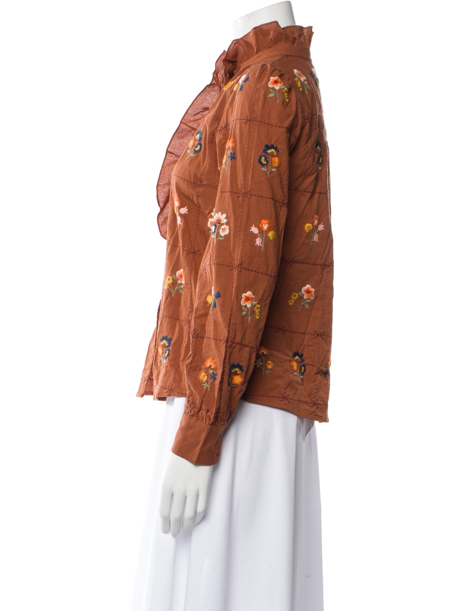 Sézane Floral Print Mock Neck Button-Up Top