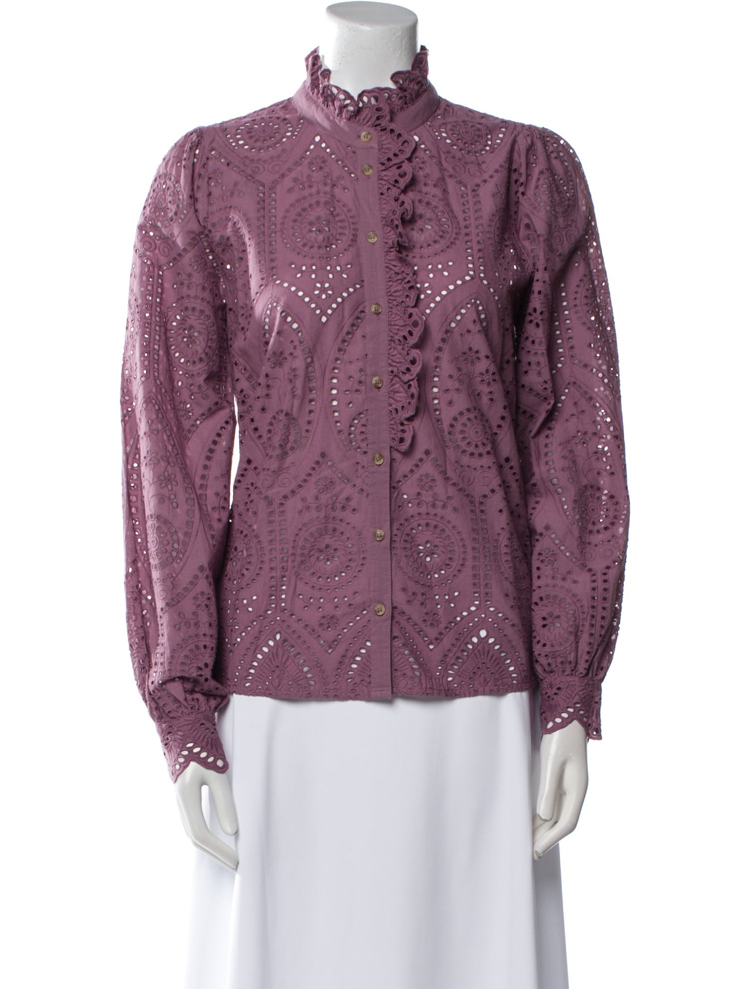 Sézane Mock Neck Long Sleeve Button-Up Top