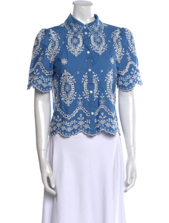 Sézane Lace Pattern Short Sleeve Button-Up Top