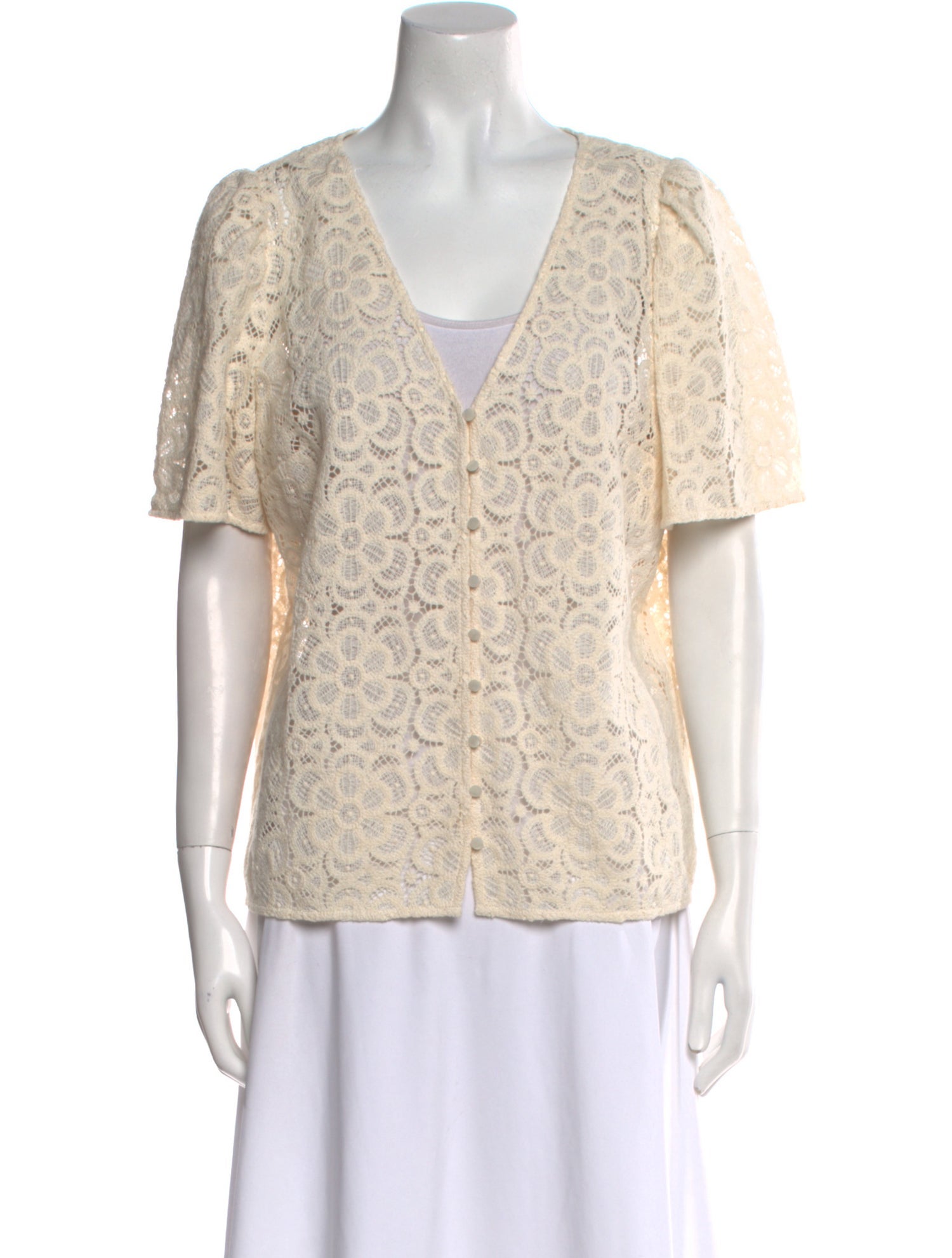 Sézane Lace Pattern V-Neck Button-Up Top
