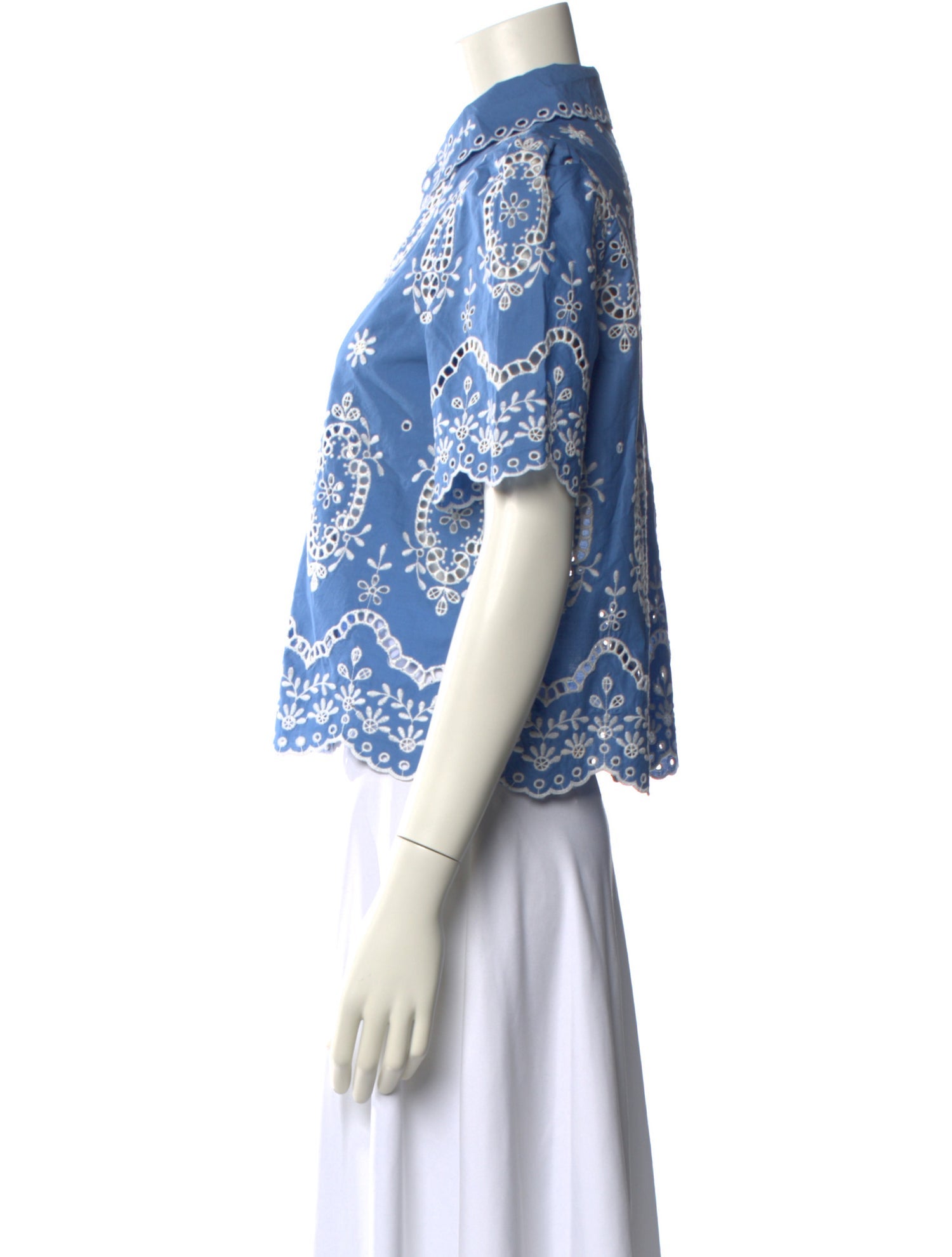 Sézane Lace Pattern Mock Neck Button-Up Top