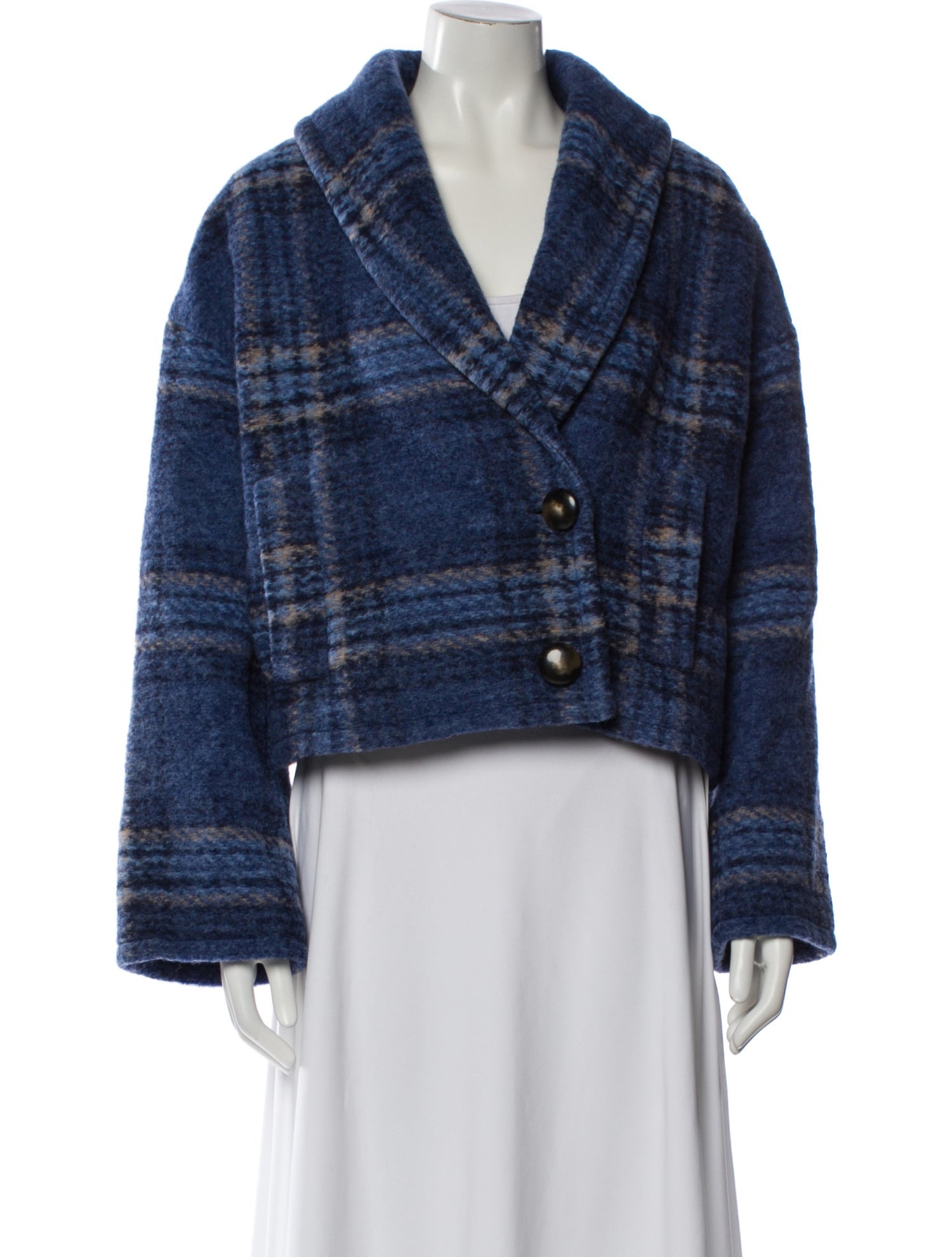 Sézane Wool Plaid Print Denim Jacket