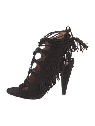 Sigerson Morrison Suede Fringe Trim Accent Gladiator Sandals