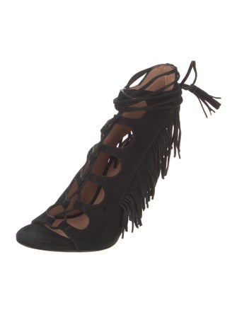 Sigerson Morrison Suede Fringe Trim Accent Gladiator Sandals