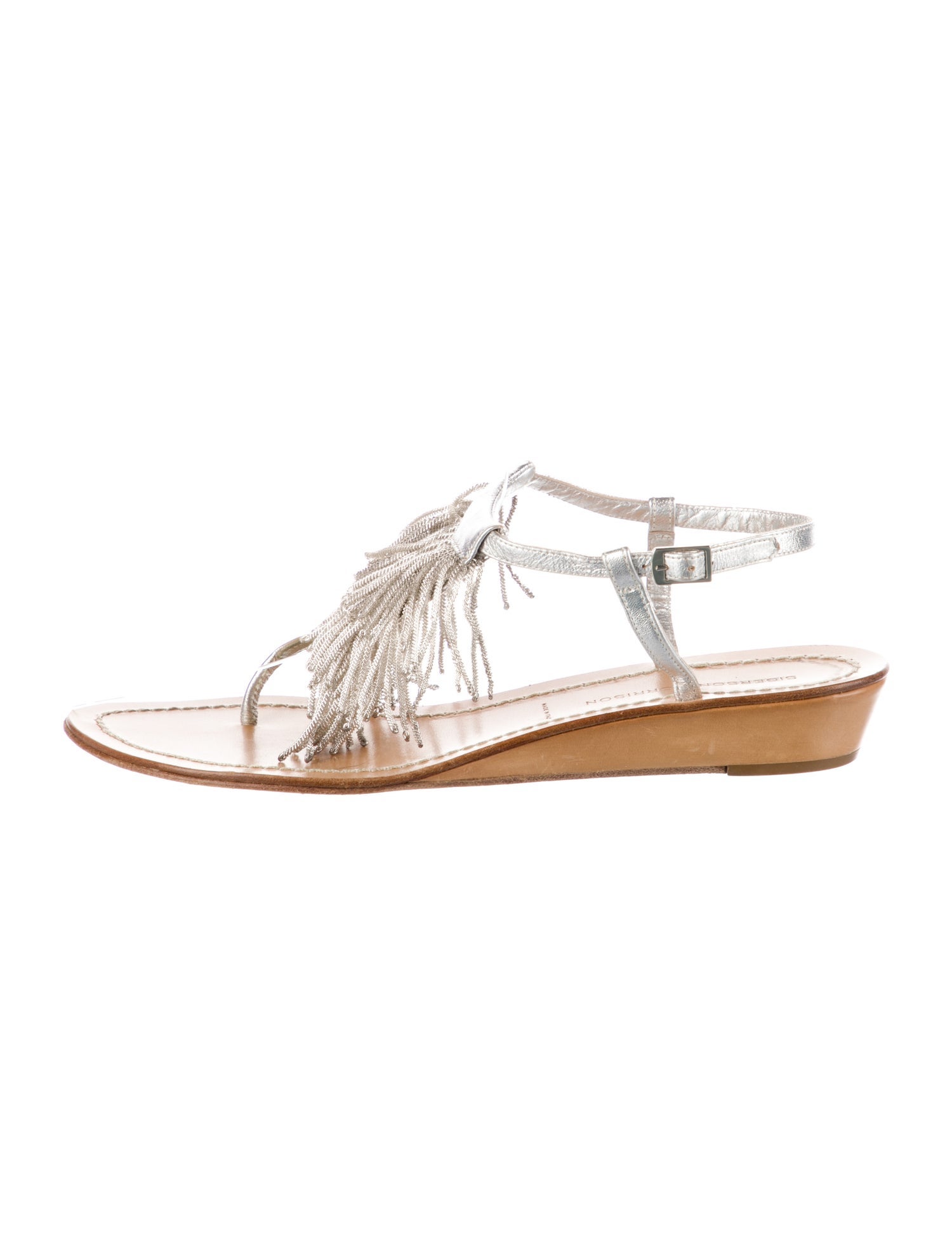 Sigerson Morrison Leather Fringe Trim Accent T-Strap Sandals