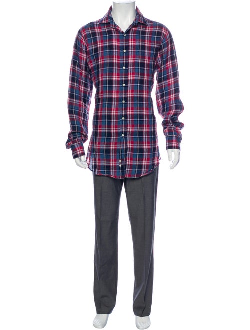 Sid Mashburn Linen Plaid Print Shirt Blue