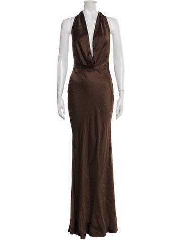 Pre-owned Sau Lee Halterneck Long Dress In Orange