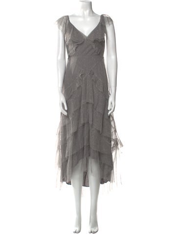 Pre-owned Sau Lee V-neck Long Dress In Gray