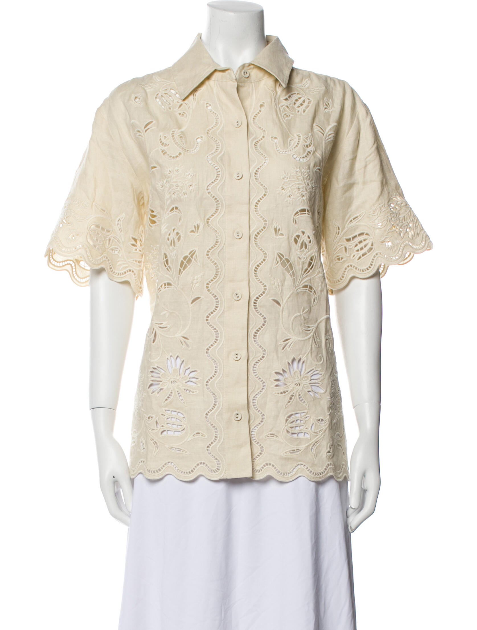 SoleilSoleil Linen Lace Pattern Button-Up Top