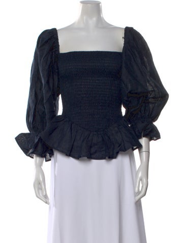 Pre-owned Sleeper Linen Square Neckline Blouse In Blue