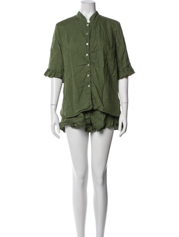 Pre-owned Sleeper Linen Ruffle Embellishment Pajamas In Green
